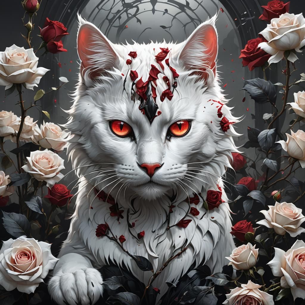 White Cat Portrait with Black Roses, Hyperdetailed Art