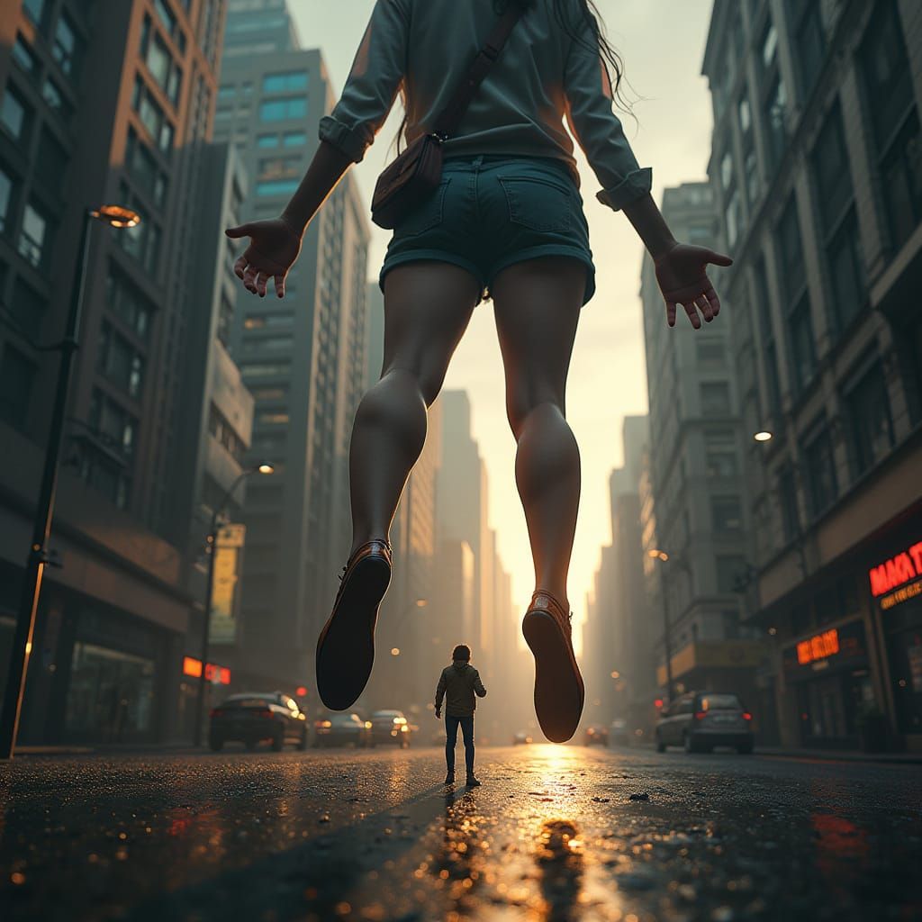 Giantess Stomps a Tiny Man in a Cityscape, Realistic Texture...