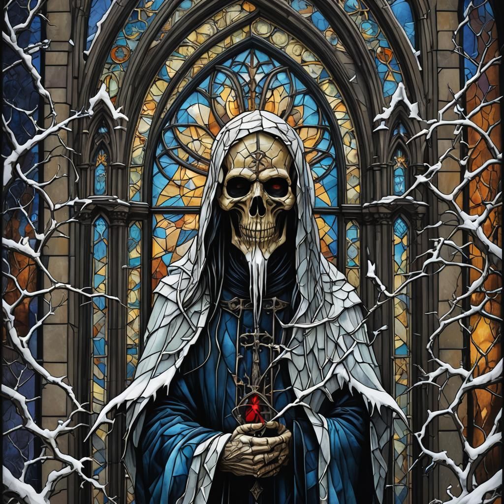 Sinister Gothic Stained Glass Window in Winter