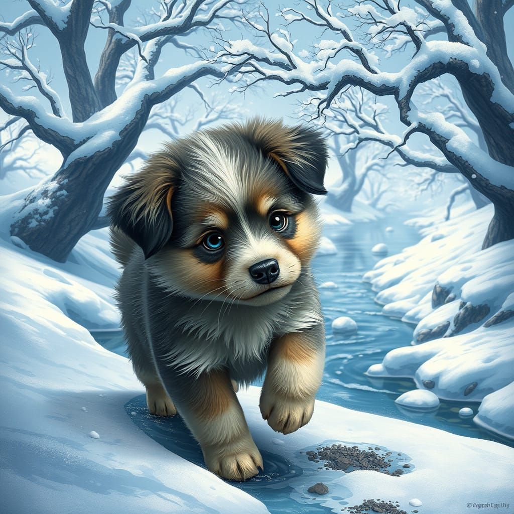 Winter Wonderland with Frolicking Puppy