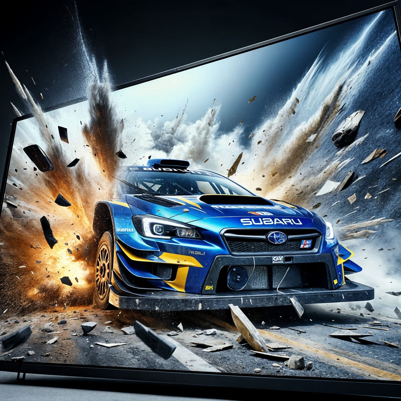 Subaru WRC Rally Car Bursts Through Screen in 4K