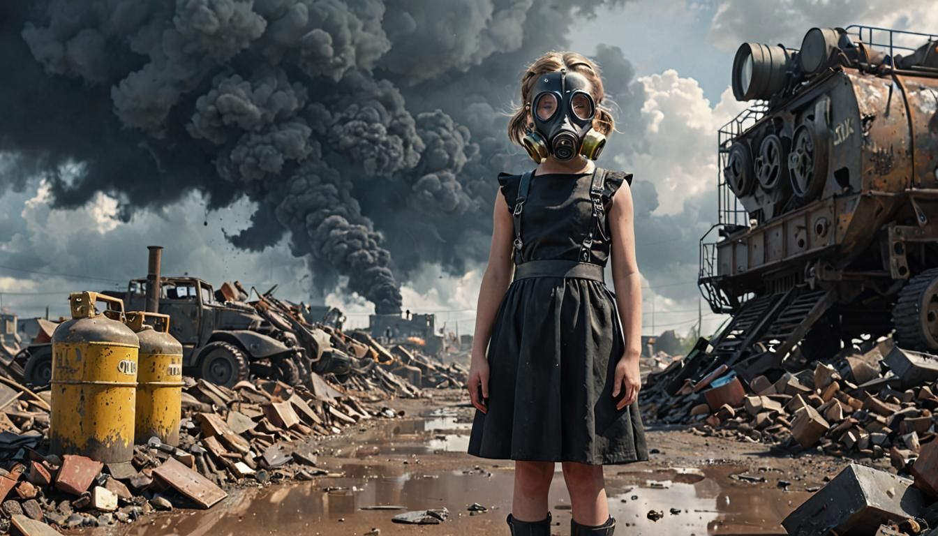 Grimdark Wasteland: Girl and Concrete Machine in WW2 Ruins