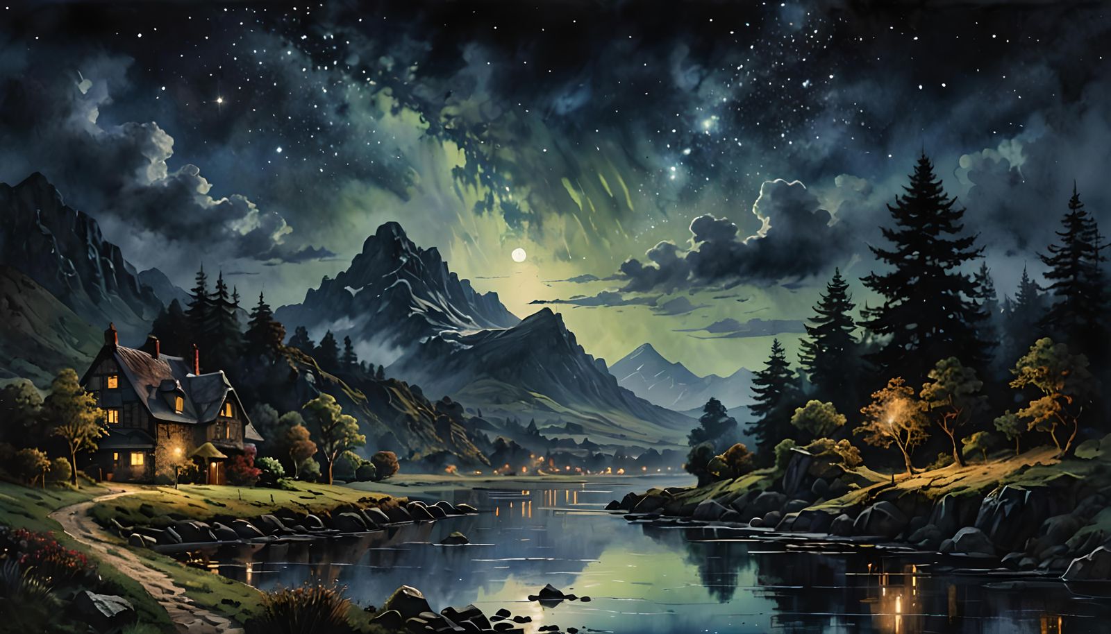 Atmospheric Night Landscape in Watercolour Style
