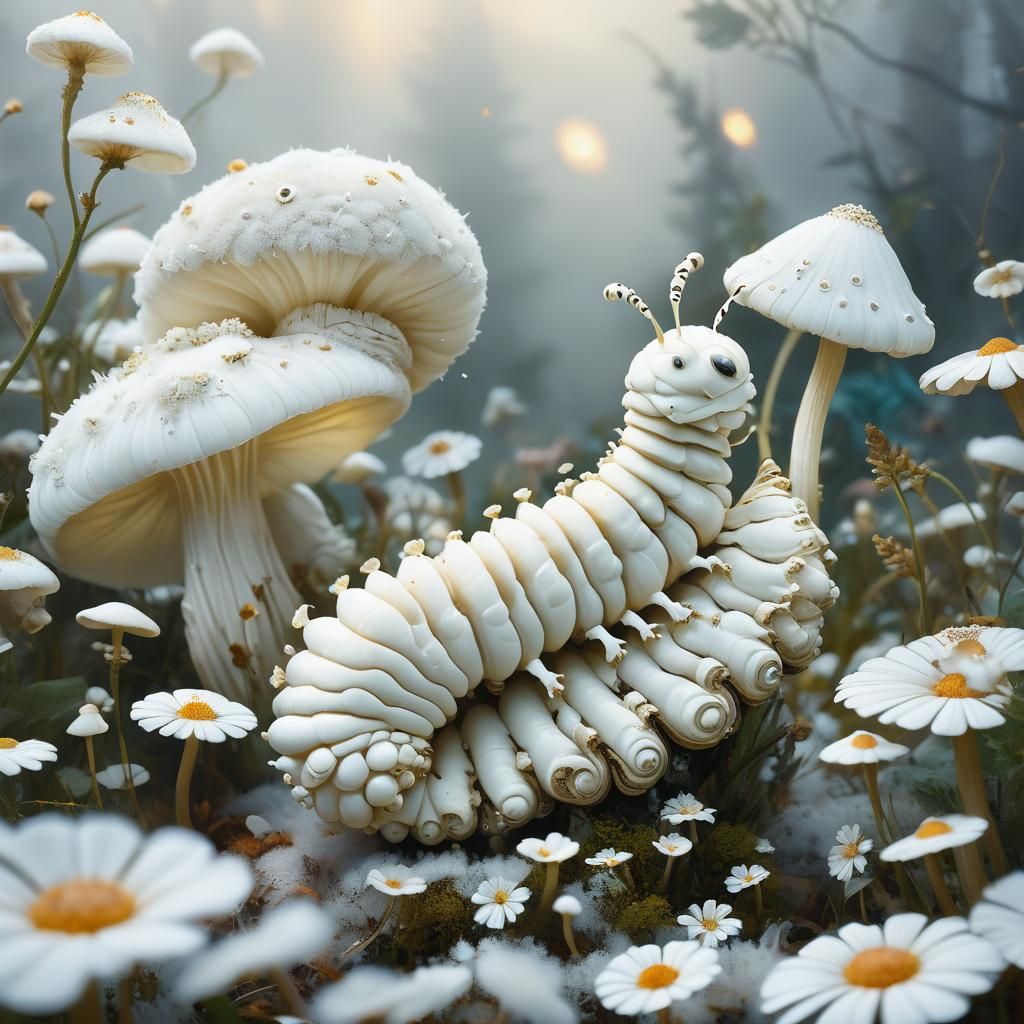Giant White Caterpillar on Mushroom, Digital Art