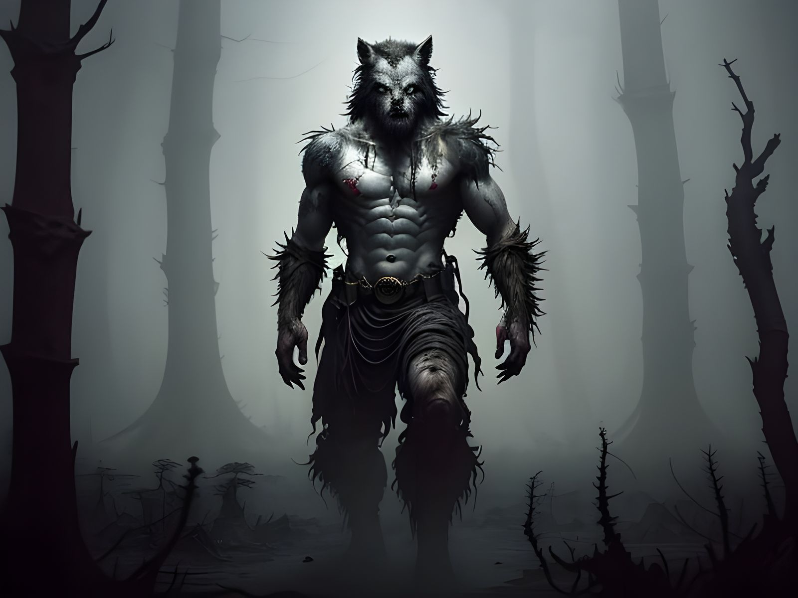 The Wolfman in Dark, Exaggerated Forest Splendor