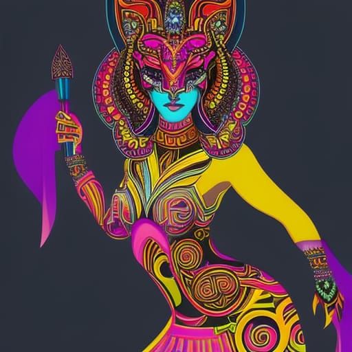 Colorful Sphinx with Nightclub Makeup in Ink Drawing