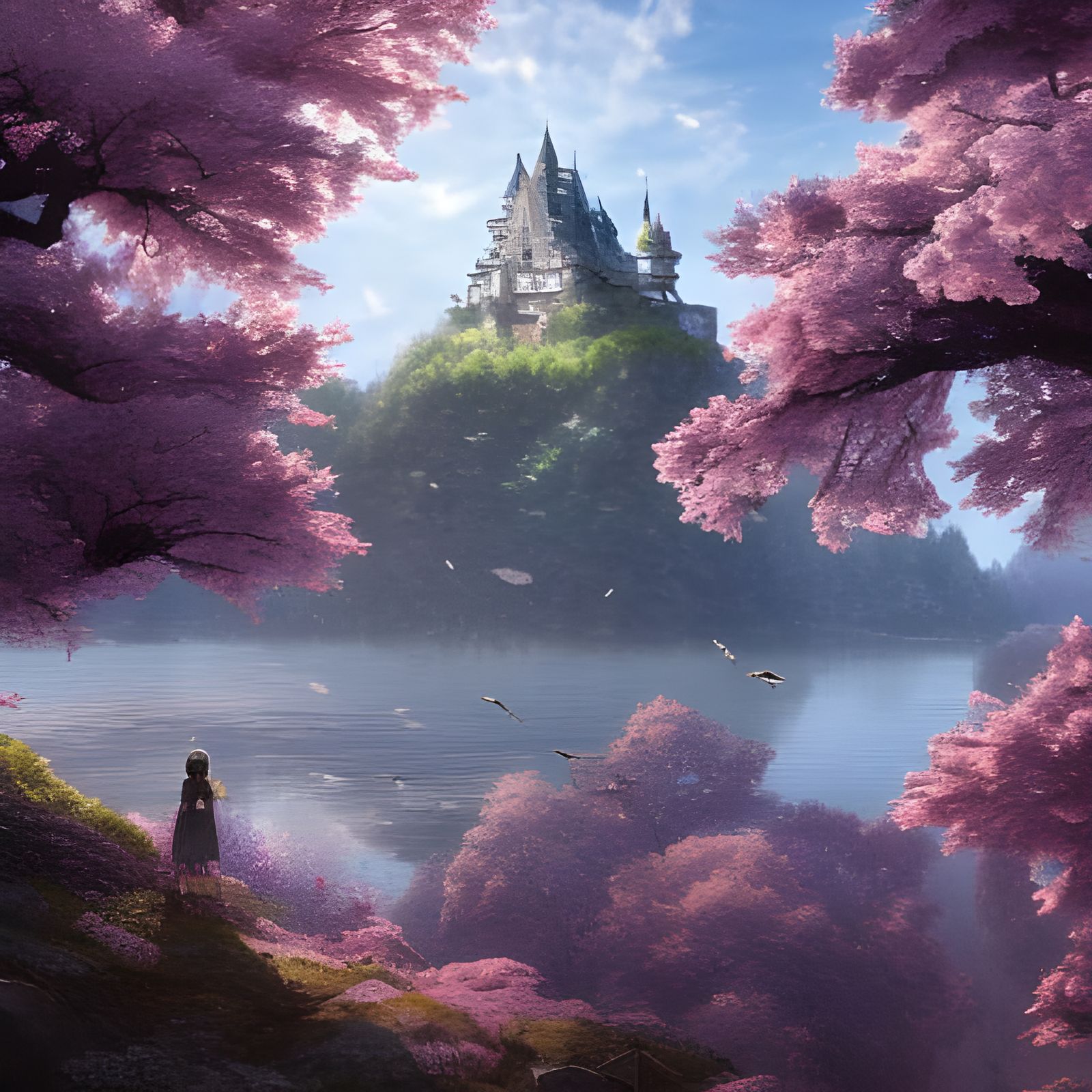 Castle with Cherry Trees on Epic Mountain Lake