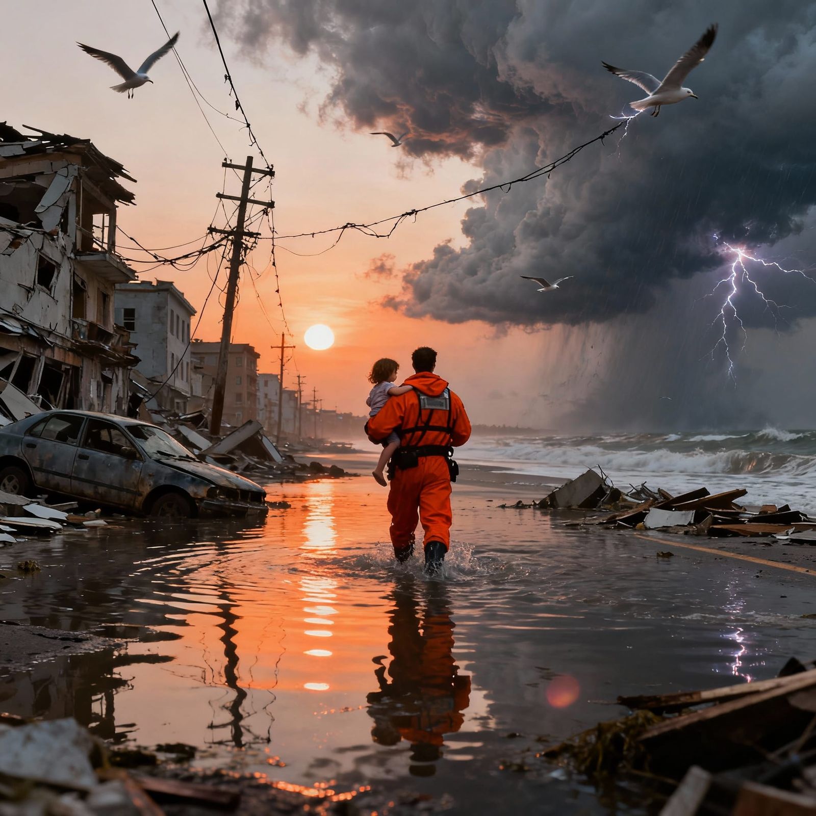 Resilience in a Devastated City at Dawn