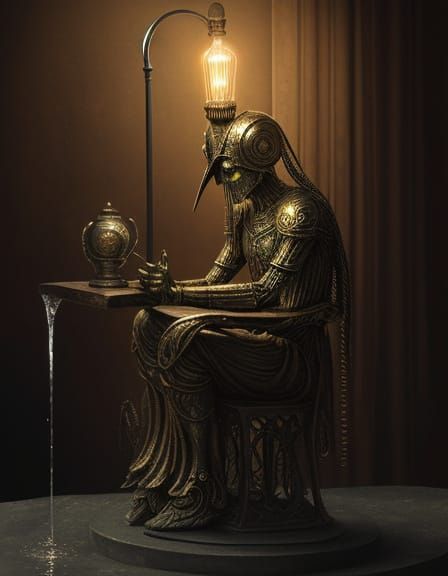 Dark Fantasy Metal Sculpture with Light Bulb Head and Faucet