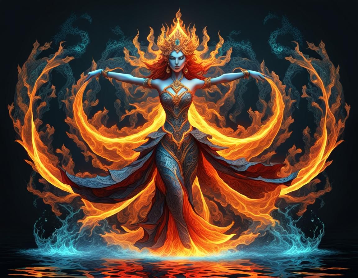 Fire Princess Dancing with Water Warrior in Fractal Style