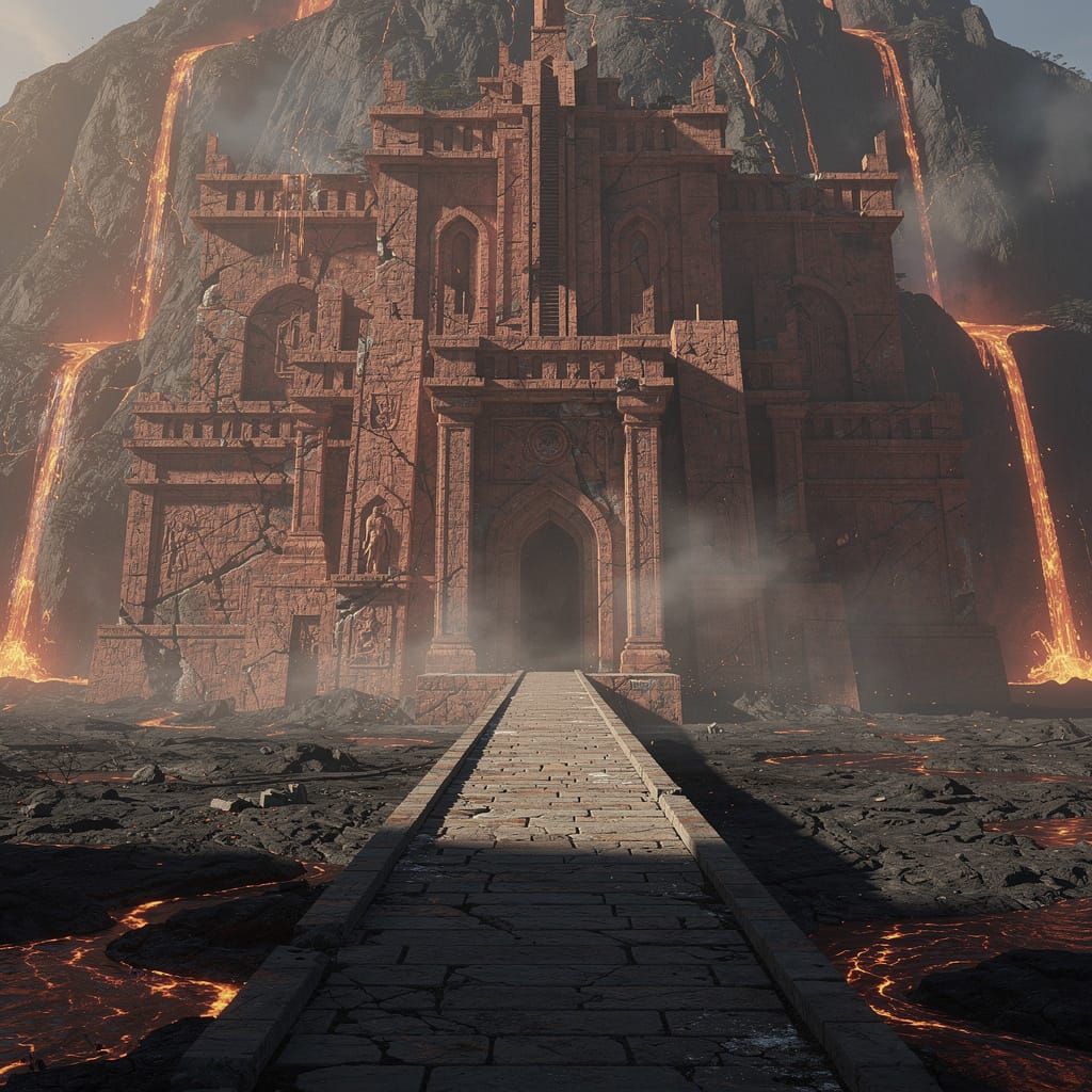 Volcanic Castle Facade with Lava Flows