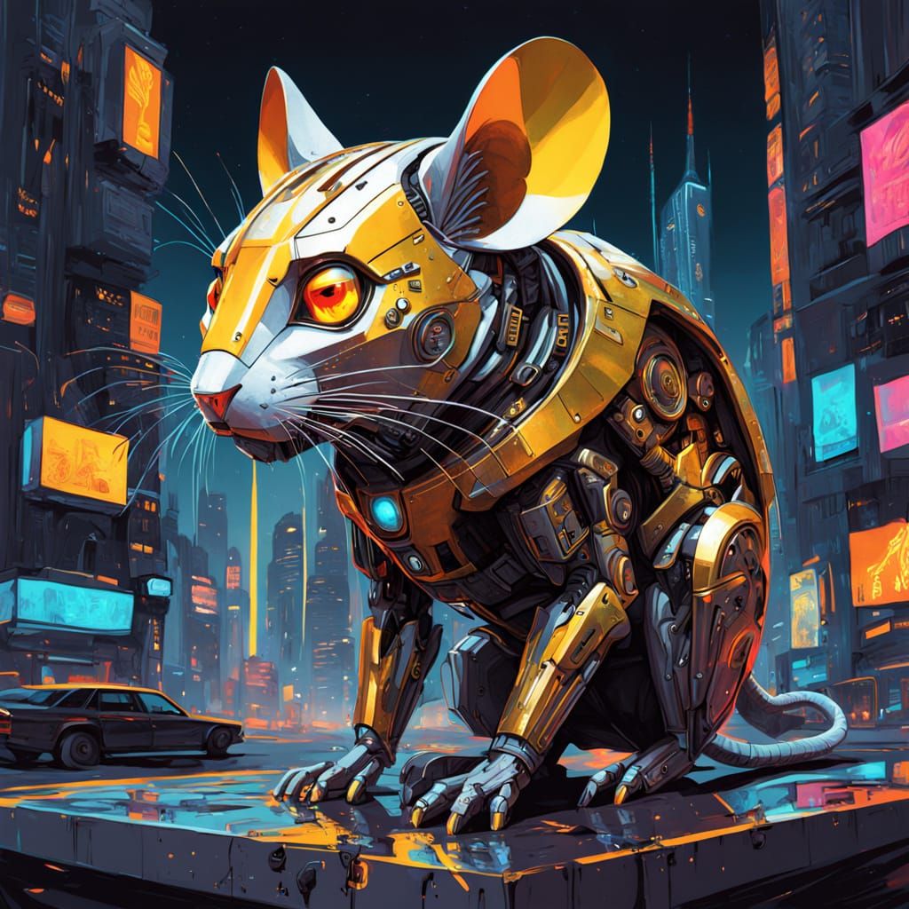 Futuristic Mouse Embodies Rebellion in Neon Cyberpunk Citysc...