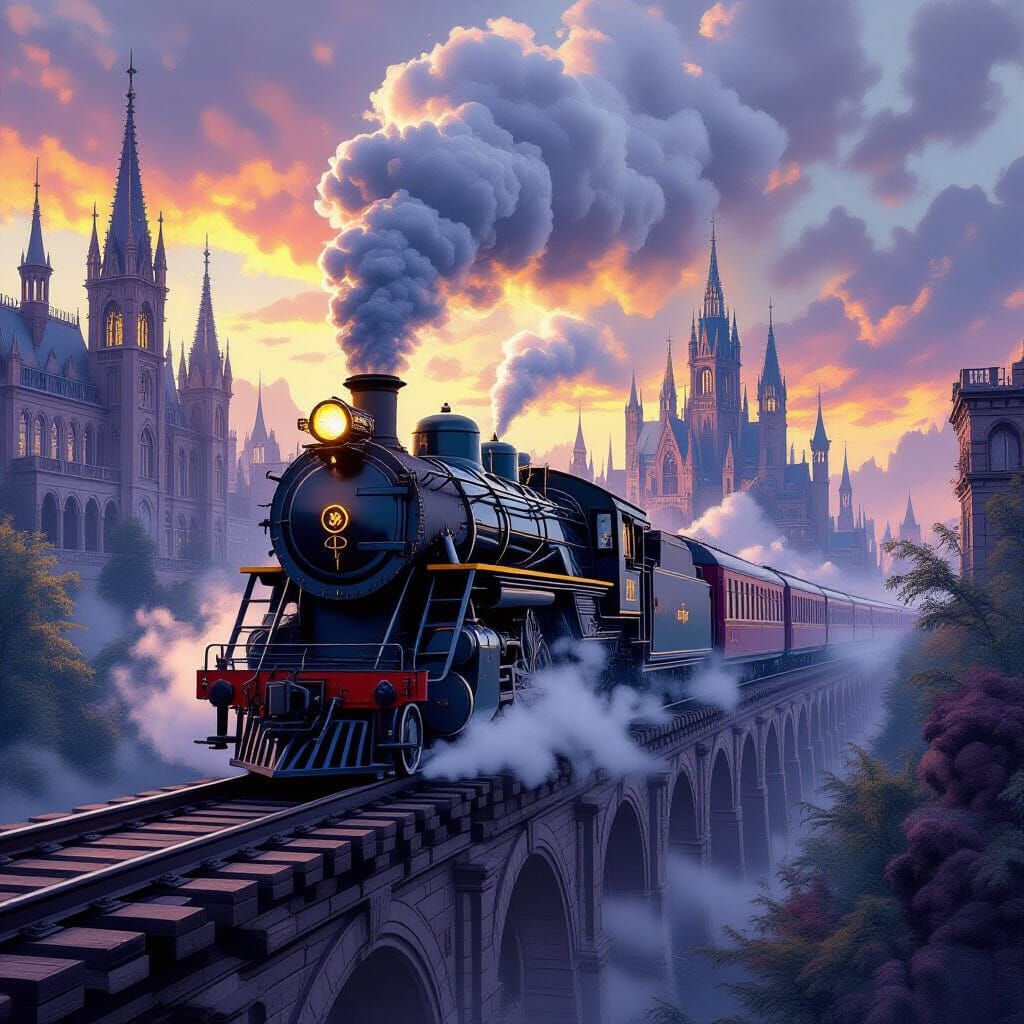 Floral Train in Gothic Landscape Alcohol Ink Art