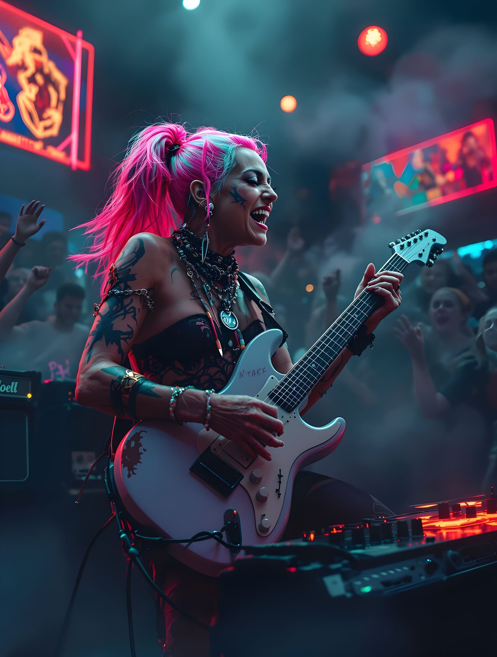 Pink-Haired Guitarist in Cyberpunk Fantasy