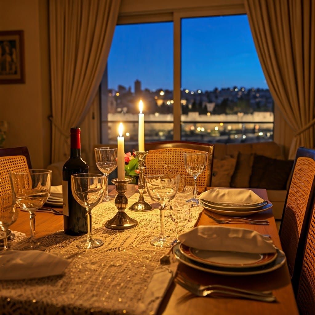 Elegant Shabbat Table Setting in a Luxurious Living Room