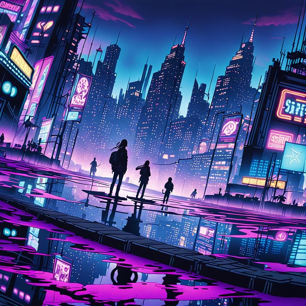 Anime Cityscape with Sniper: Neon Lights and Shadows
