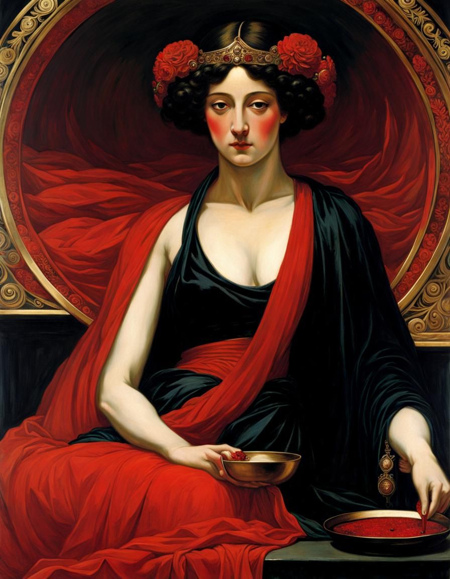 Woman with Plate in Red and Black Scheme