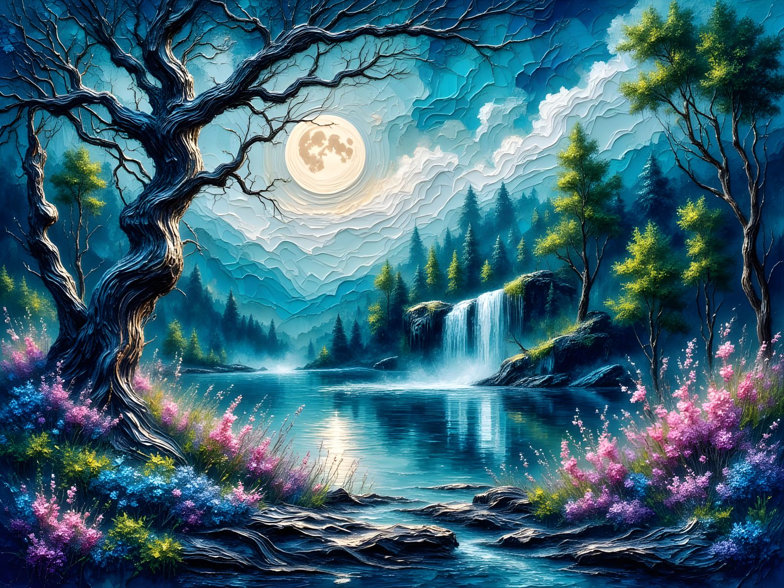 Moonlit Waterfall in Vibrant Impasto Style