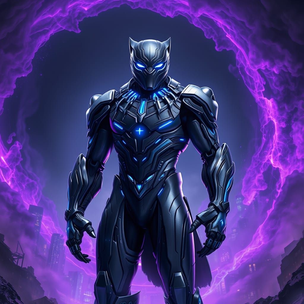 Black Panther Robot in Afro-Futuristic Cityscape