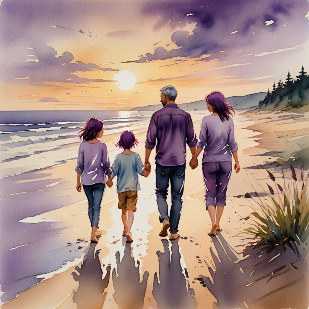 Family Portrait in Soft Watercolor Beach Scene