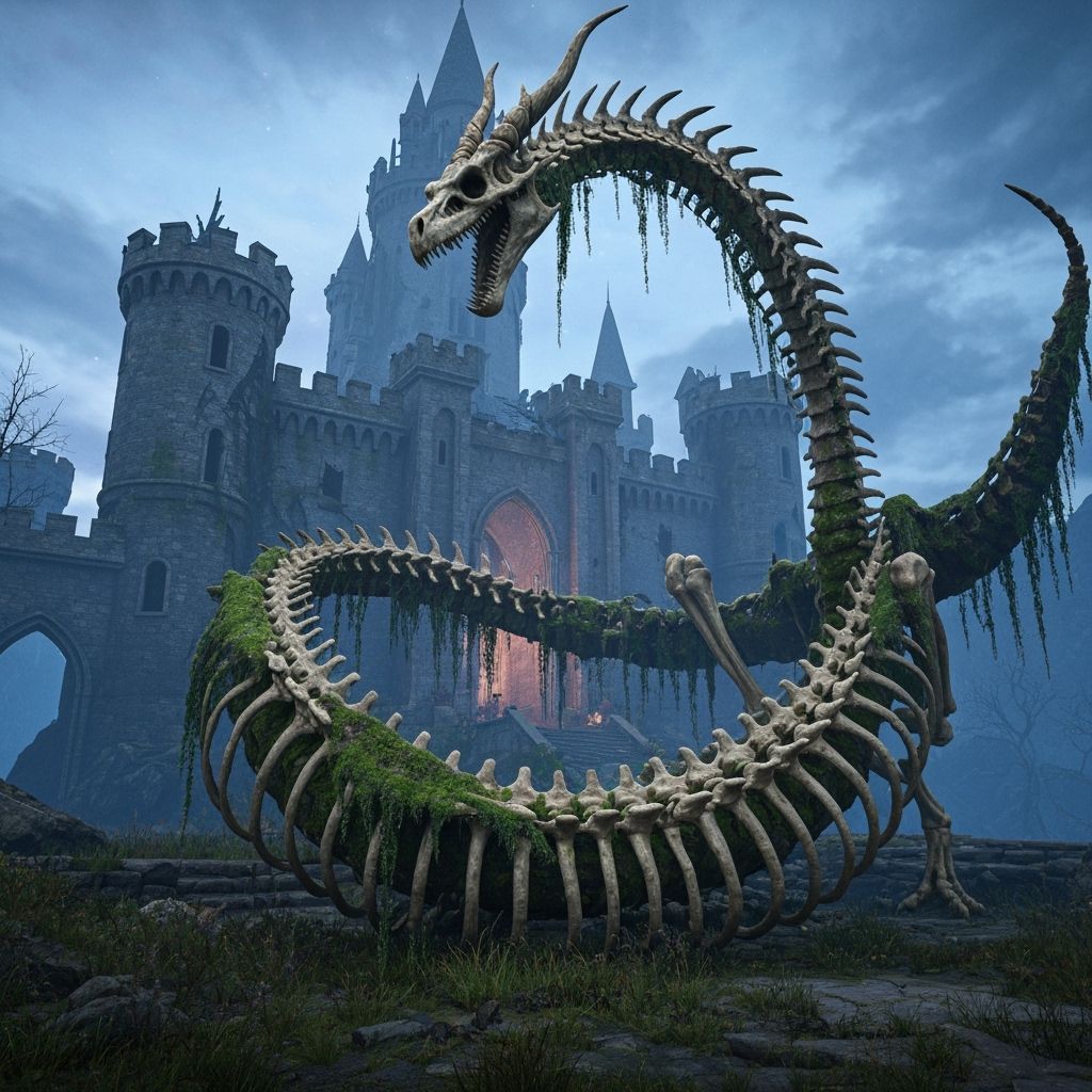 Skeletal Dragon Coiled Around Crumbling Castle in 3D