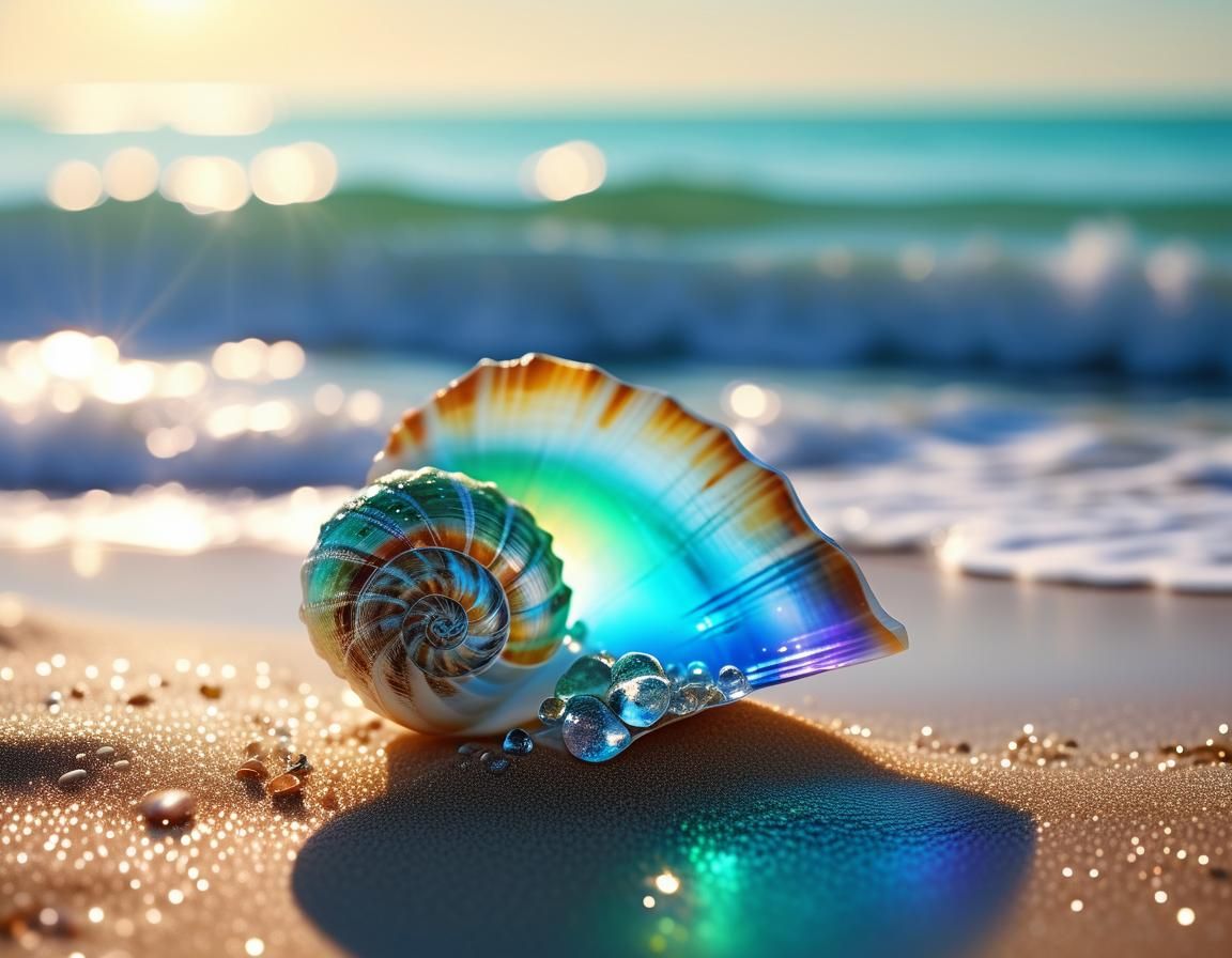 Hyper realistic sandy beach, a beautiful iridescent shell, sparkling crystal sea water, Professional photography, bokeh,...
