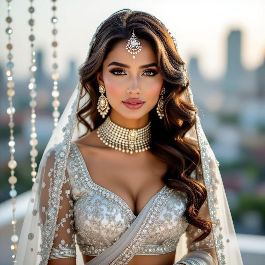 Elegant Woman with Silver Lehenga Choli and Pearls