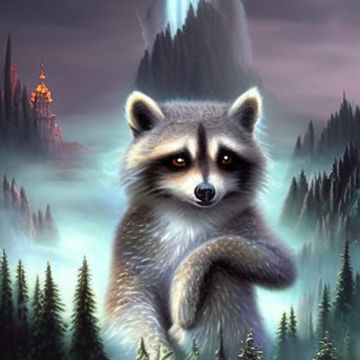 Raccoon wearing a Super fancy top hat& Super cute vibes& very look realistic raccoon& Aurora borealis background