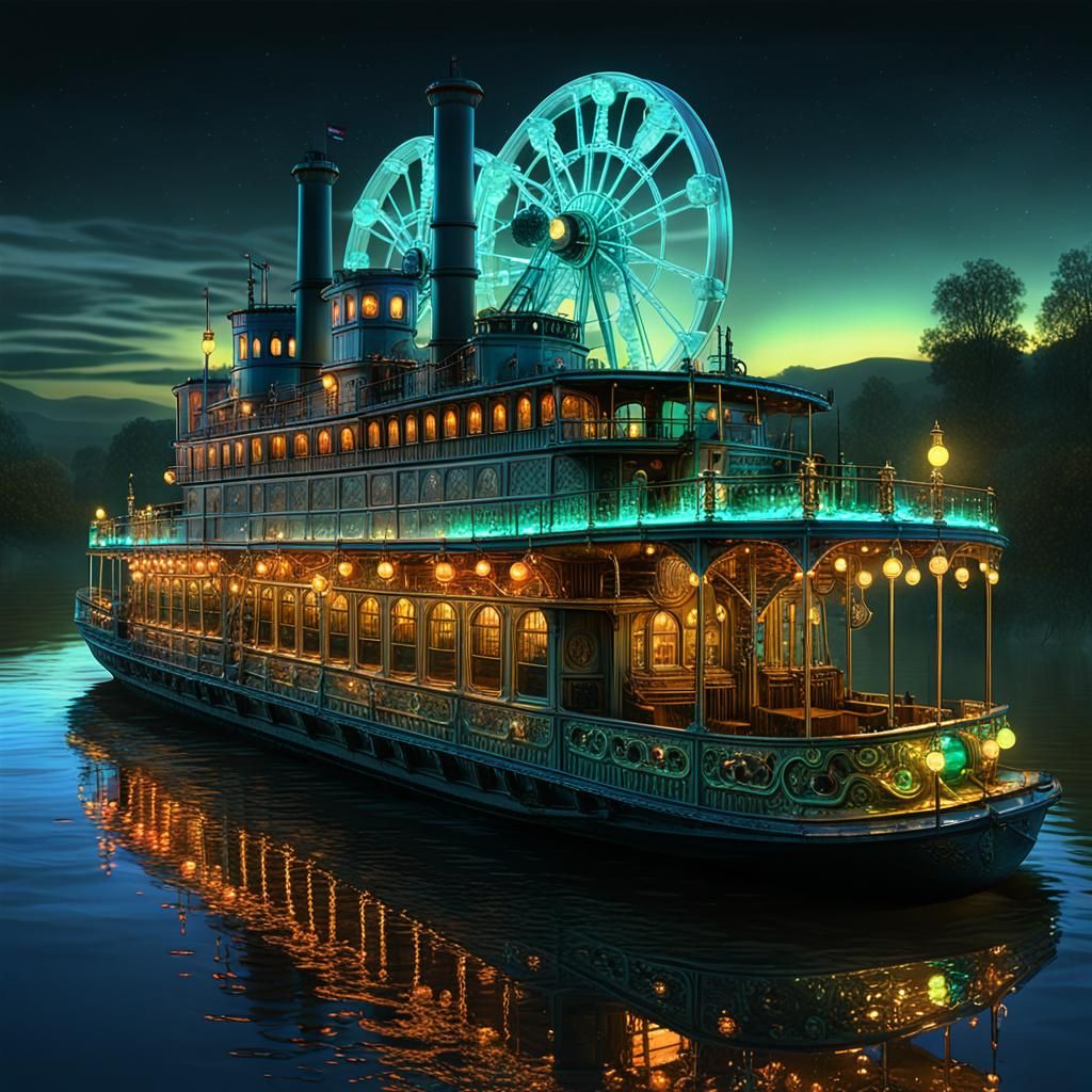 Glowing Steamboat Drifting Down River at Night
