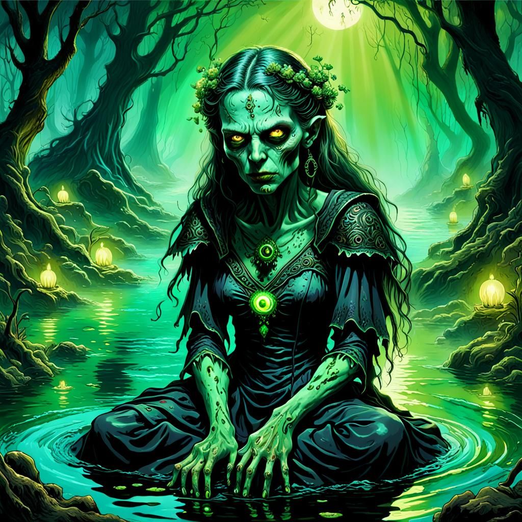 Zombie Woman in Water Art Nouveau Style
