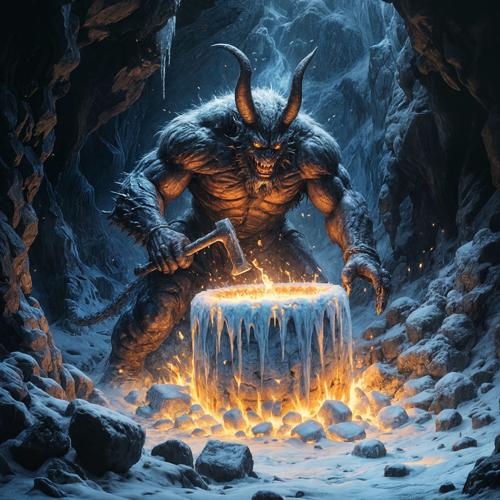 Dark Fantasy Balrog Smashes Frozen Keg in Moria Mines