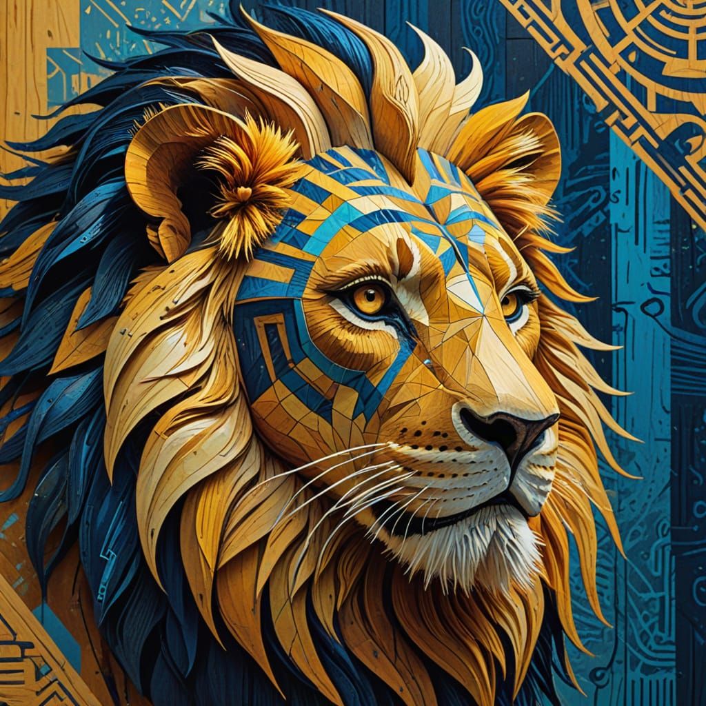 Geometric Lion Head in Vibrant Woodcut Style