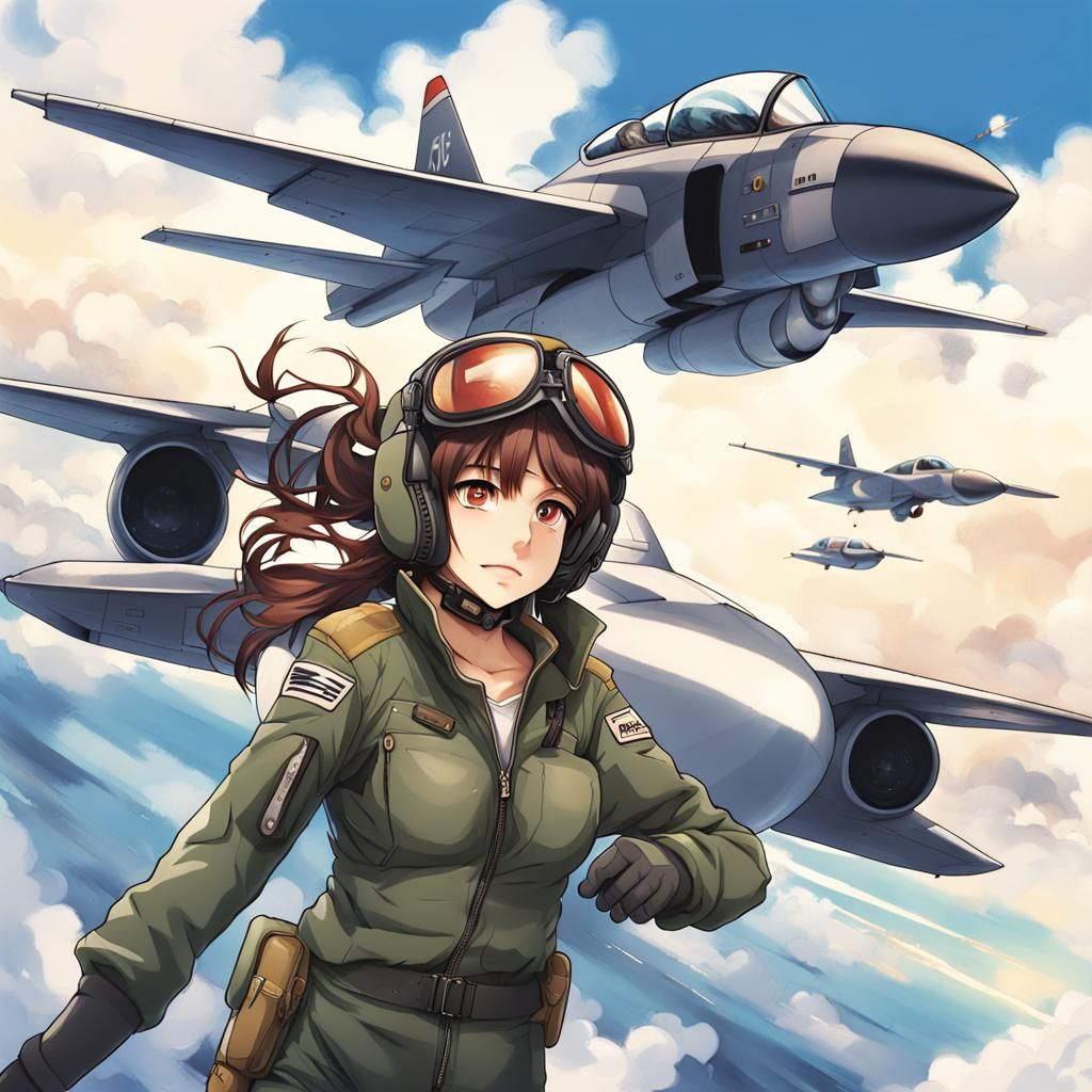 Anime Girl Fighter Pilots with Jet