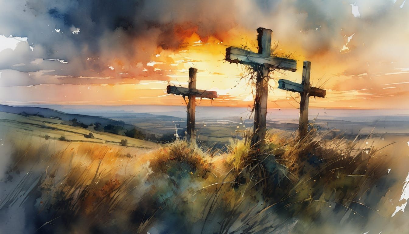 Watercolor Wood Crosses Amidst a Fairytale Sunset