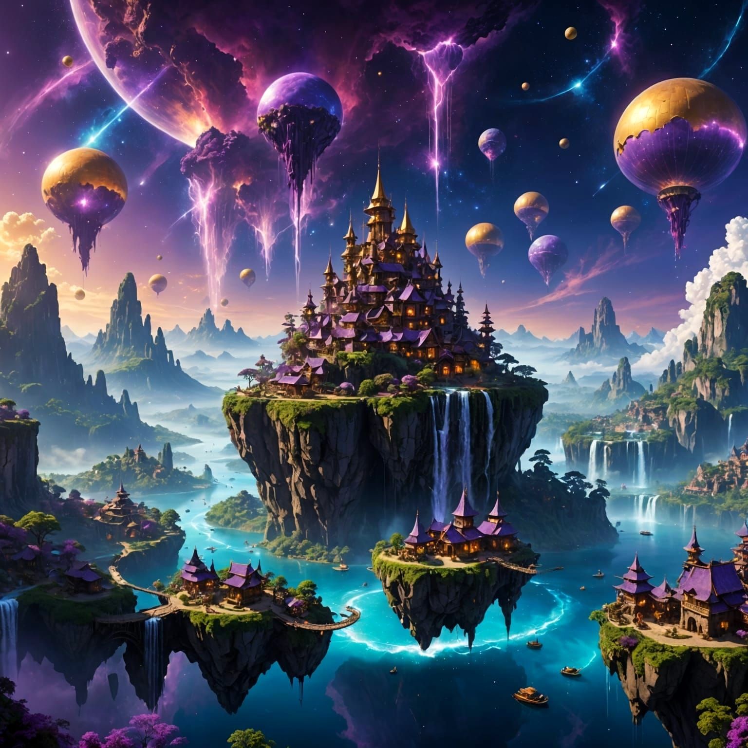 Floating Island Village in Nebula Sky