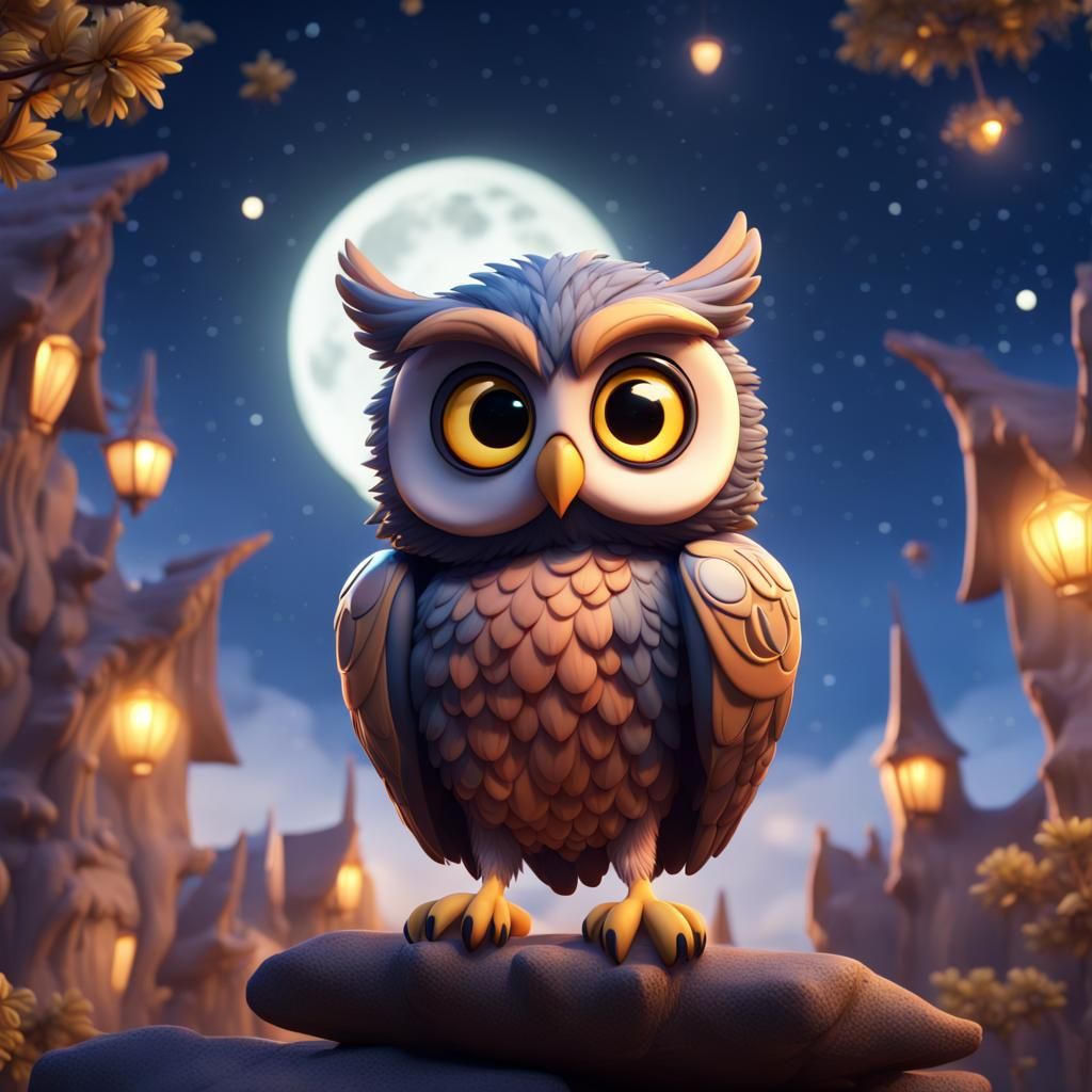 Cartoon Owl Soaring Under the Stars