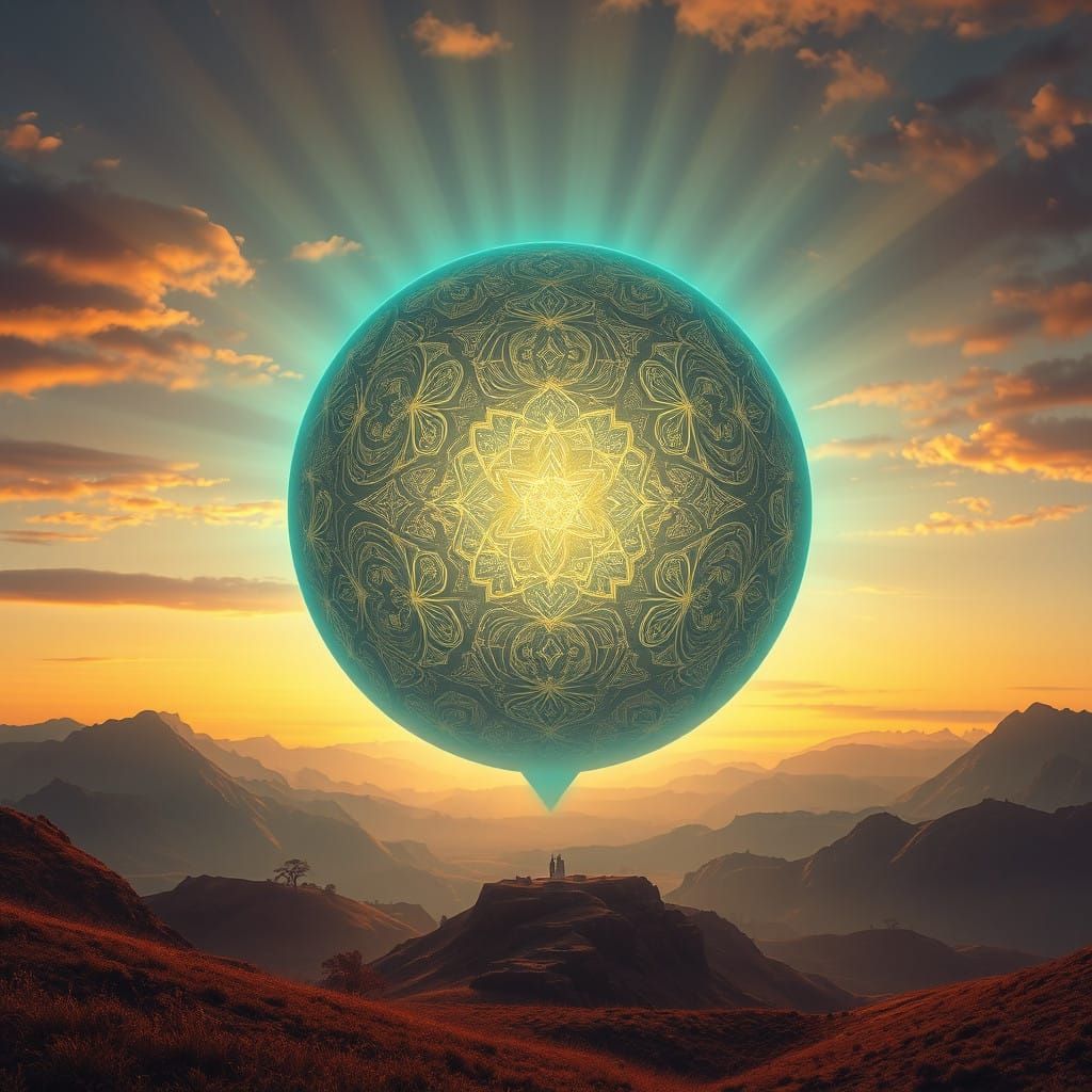 Glowing Energy Sphere in Sunset Landscape