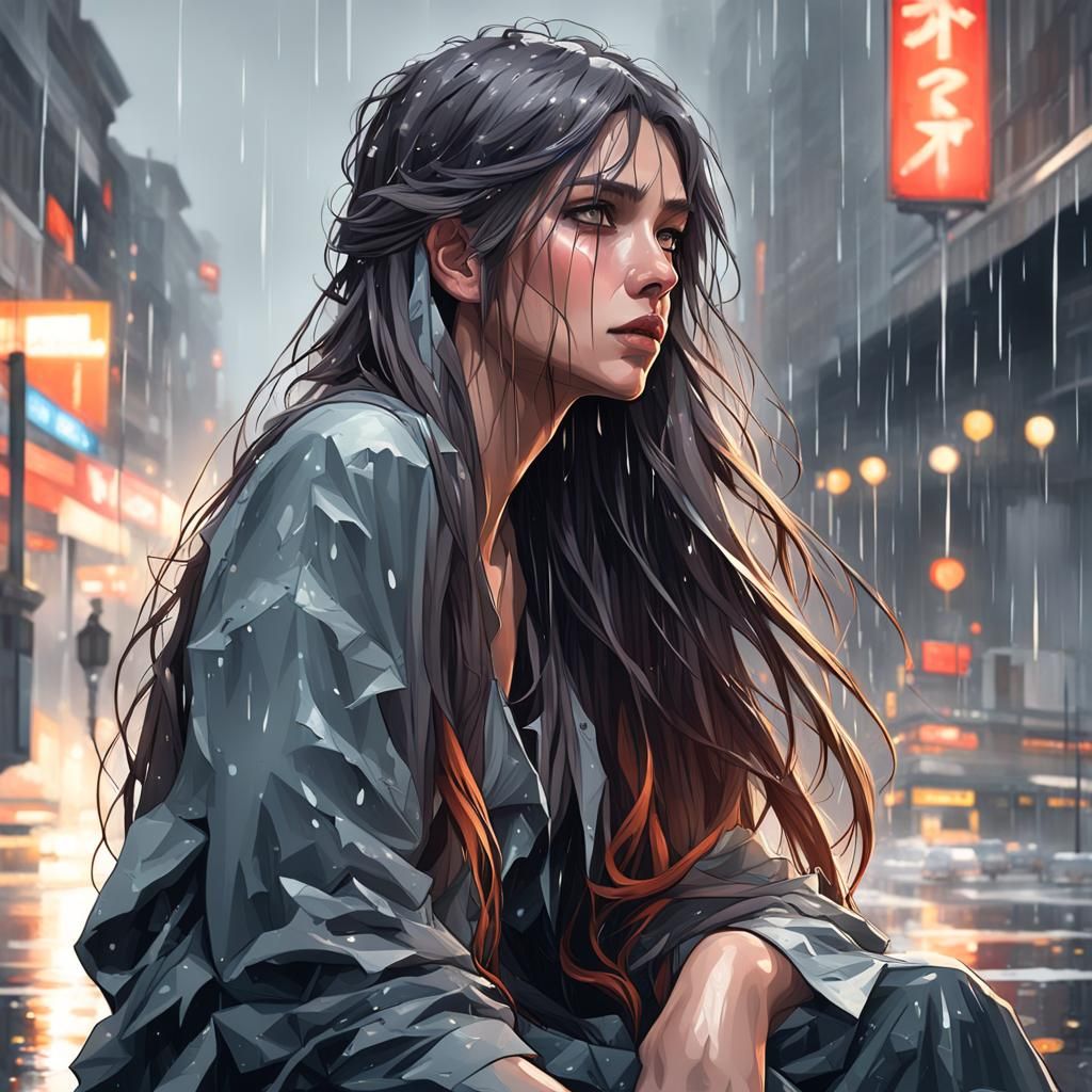 Sad Girl Crying in Rain: Hyperdetailed Cinematic Portrait