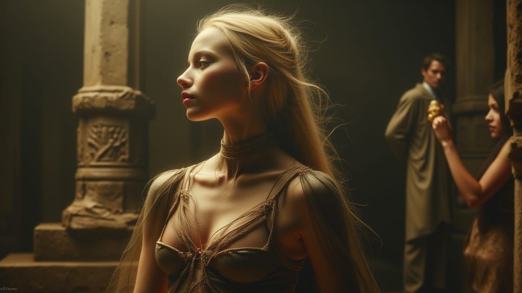 Determined Blonde Woman in Dark Oil Painting Style