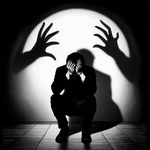 Distraught Man's Demonic Shadow: Mental Illness Art