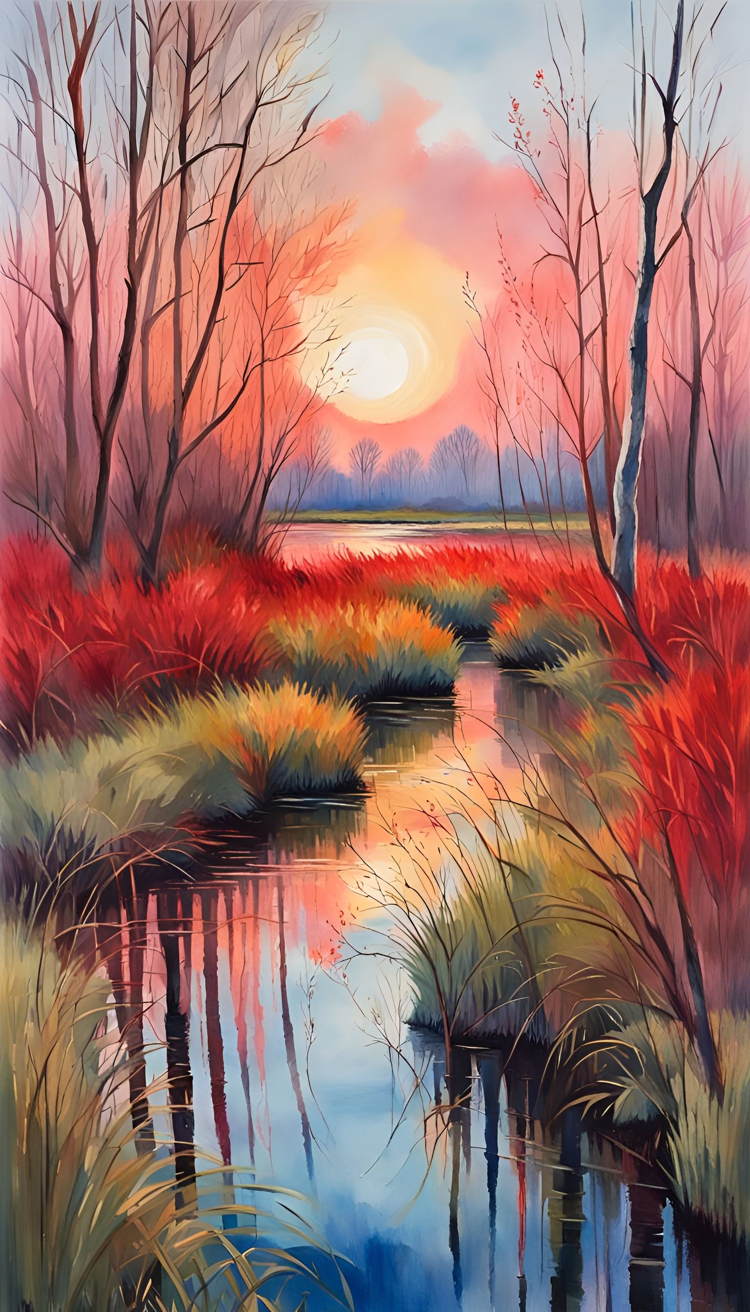 Marshland Dawn: Impressionist Gouache Watercolor Painting