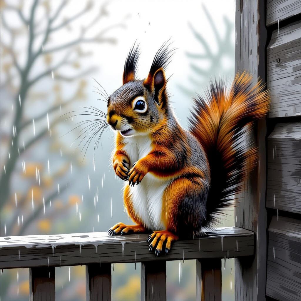 Drenched Squirrel Shakes off Rain on Porch