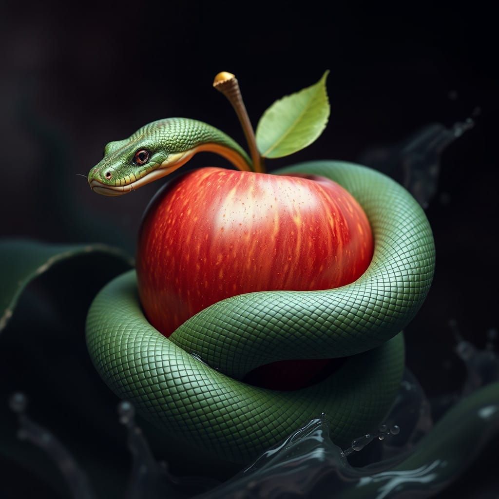 Snake Coiled Around Glowing Apple in Vibrant Fantasy Landsca...