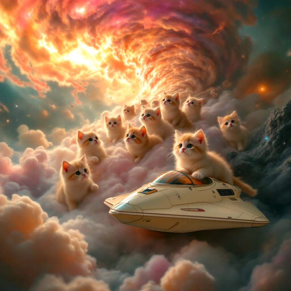 Cosmic Whirlwind: Adorable Kittens in Retrofutist Space