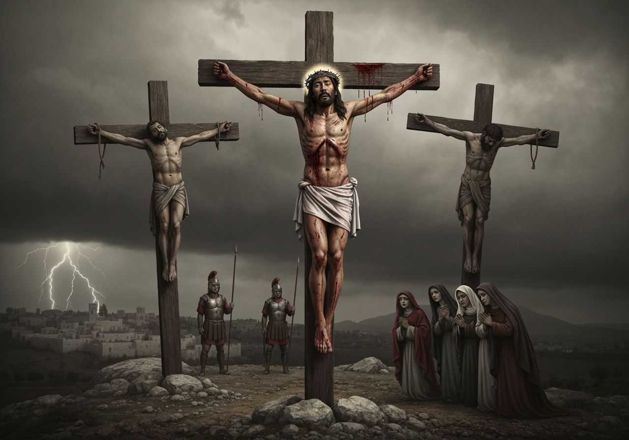 Golgotha Under Storm Clouds with Christ and Thieves