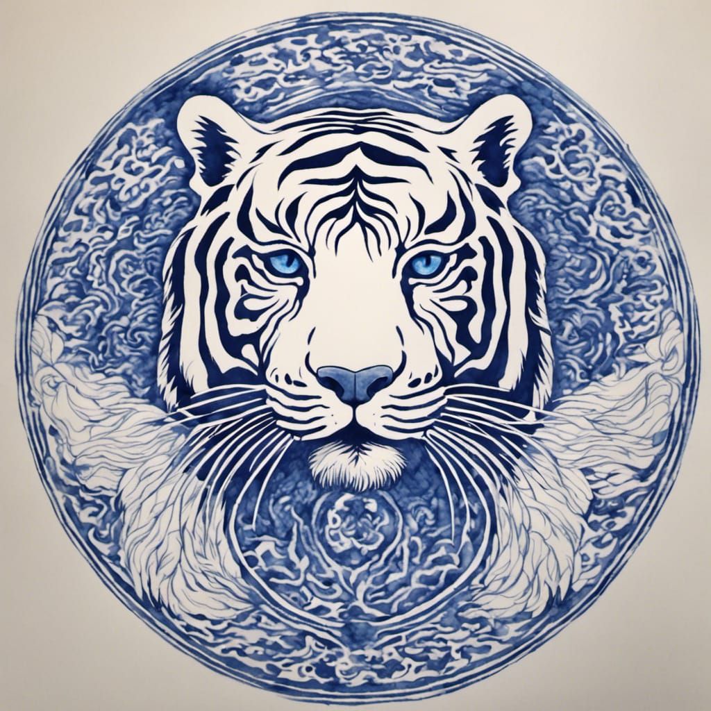 Elegant Chinese Tiger Head in Indigo Ink