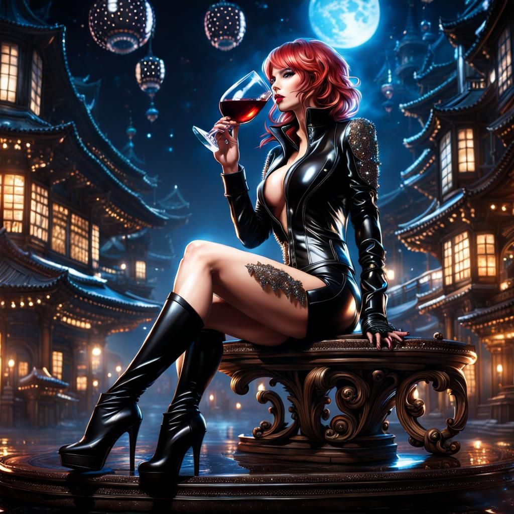 Beautiful Japanese Woman in Latex Jacket, Fantasy Art