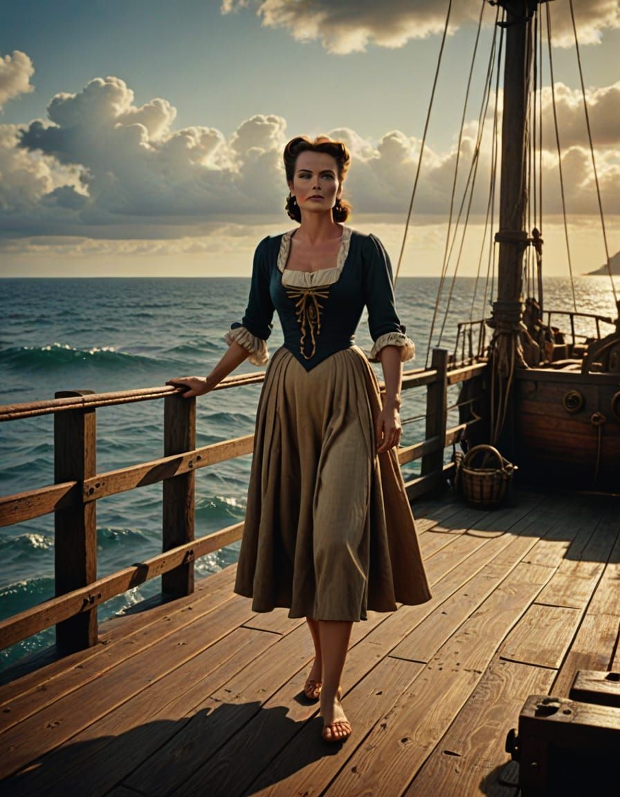 Barefoot Burgess Woman on a Worn Pirate Ship