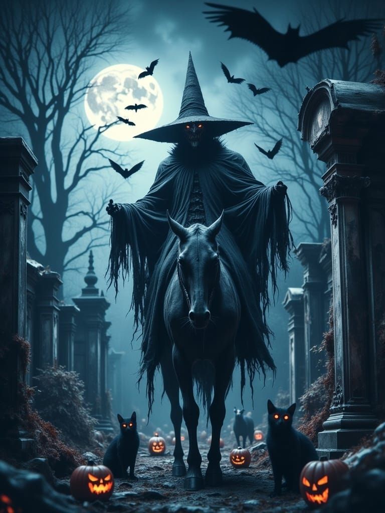 Headless Horseman, Cats, and Vortex in Gothic Style