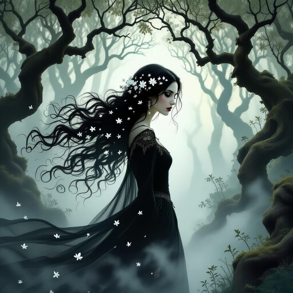 Ethereal Woman in Dreamlike Forest, Gothic Romanticism